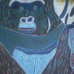 "Gorilla" medium is pastels and was done as a project for an art class.  It is one of the pieces in the traveling exhibit and its vivid colors and texture make it a favorite of viewers.  We have created note cards for use of this image for birthday invitations and several other events. 